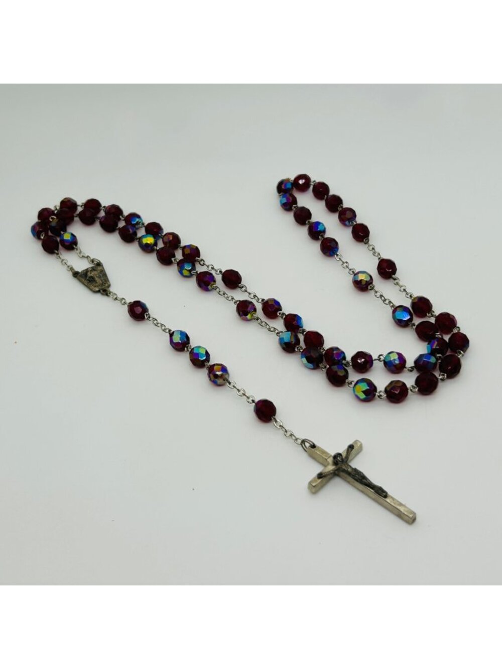 Catholic Prayer Rosary Necklace Silver Tone Red Aurora Borealis Glass Bead Vinta